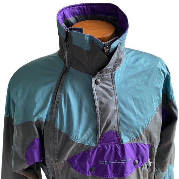 Vtg Couloir Mens Hooded Windbreaker Jacket Sz 40 Green Entrant Nylon Colorblock - Picture 3 of 16